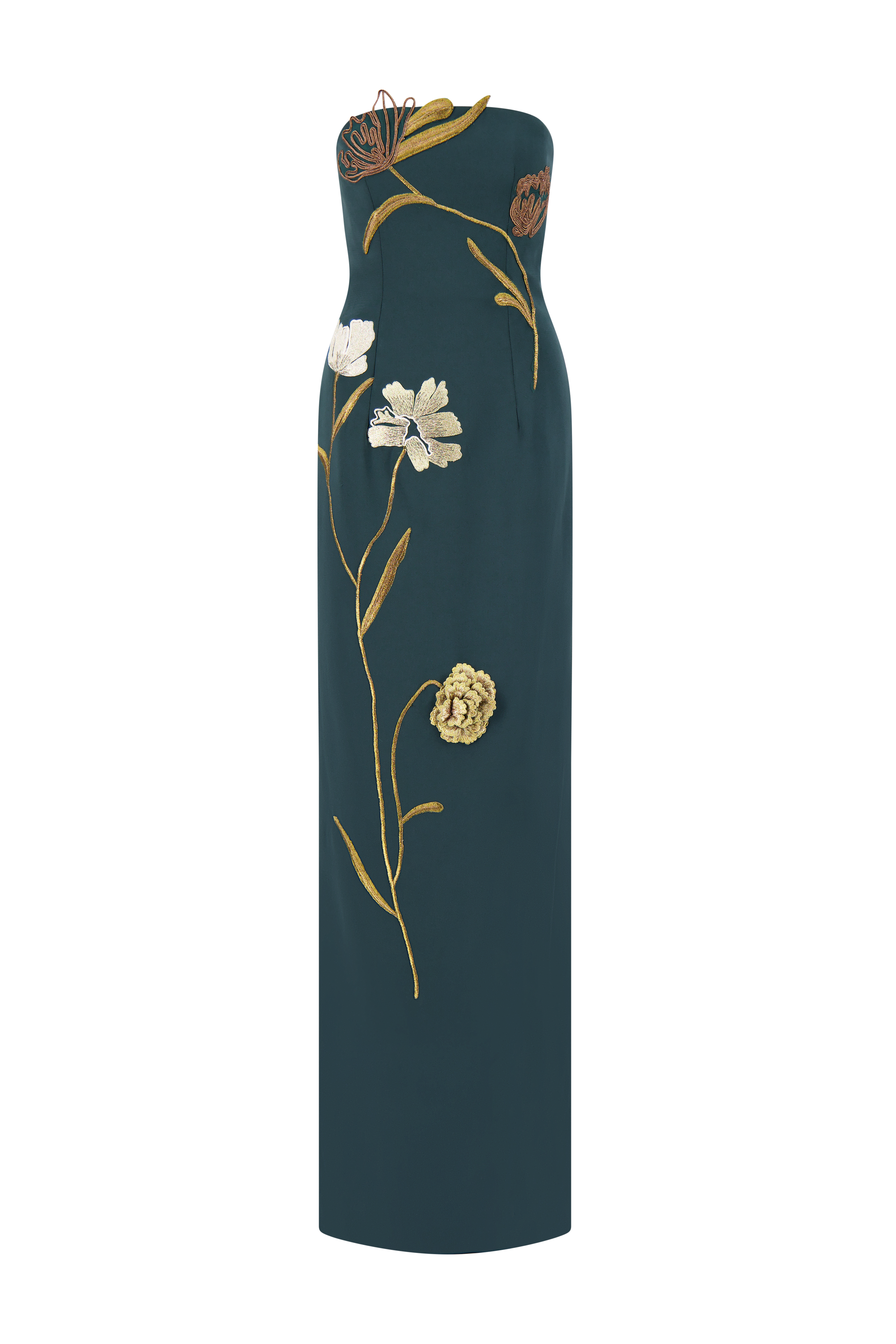reformation green dress Floral Cord Embroidered Fluid Crepe Strapless Gown Teal/Metallic / 20 / R269453