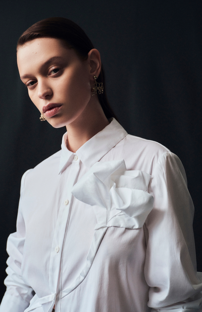 Cotton Poplin Draped Rose Button Down Shirt