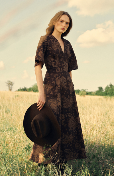 Floral Printed Denim Seamed Midi Dress