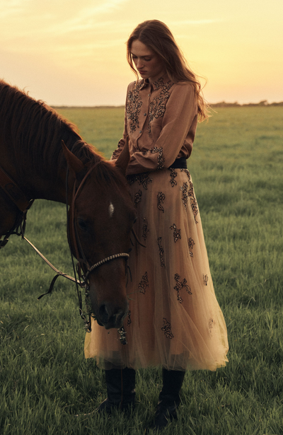 Sequin Floral Embroidery Tulle Skirt