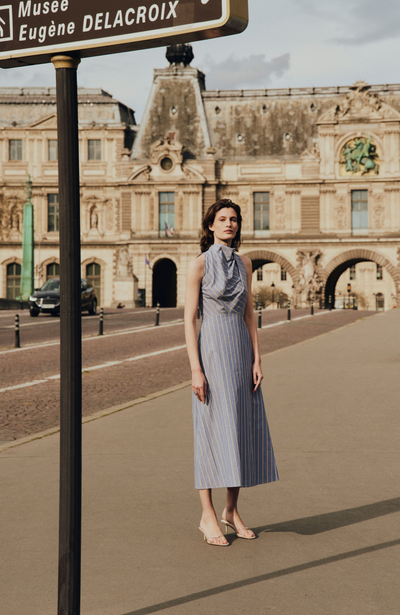 Striped Heathered Cotton Draped Halter Dress
