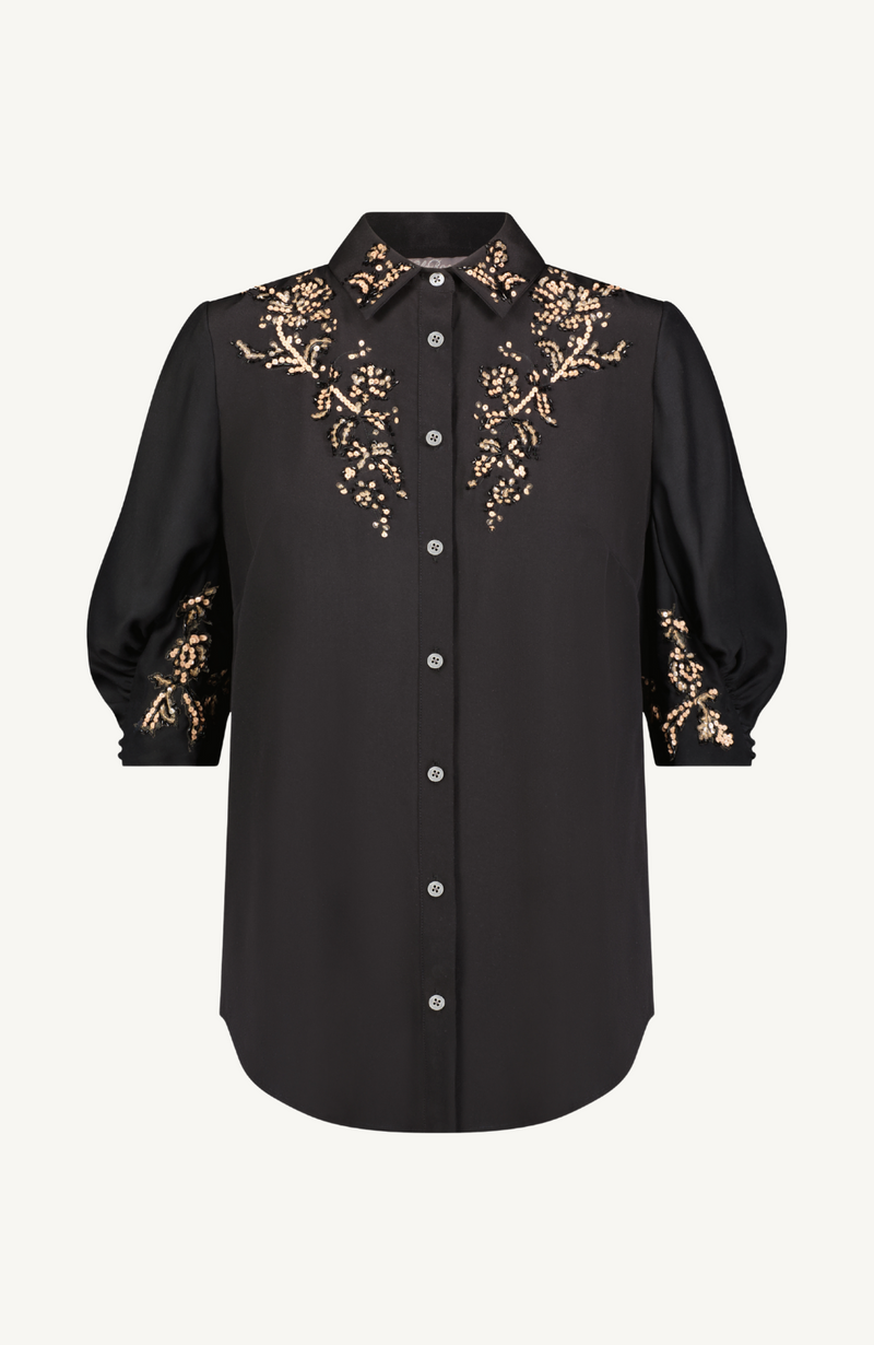 Sequin Floral Embroidery Button Down Blouse