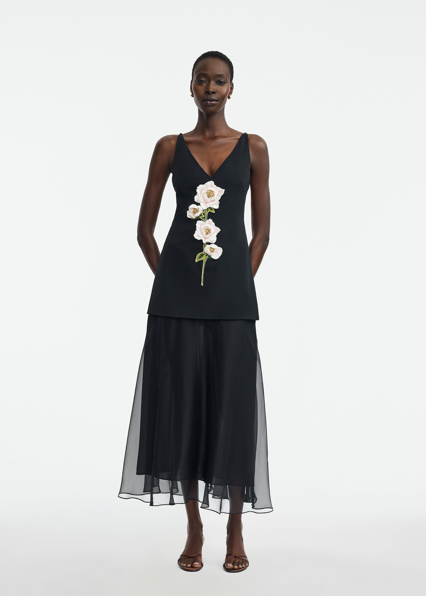lela rose black dress 3D Peony Embroidered Faille V-Neck Black/Pink / 8 / PF269577 Polyester Spot Clean Only SCHL000026_G_L Size:S (30-31 sleeve length) Sparkly Black Spaghetti Straps