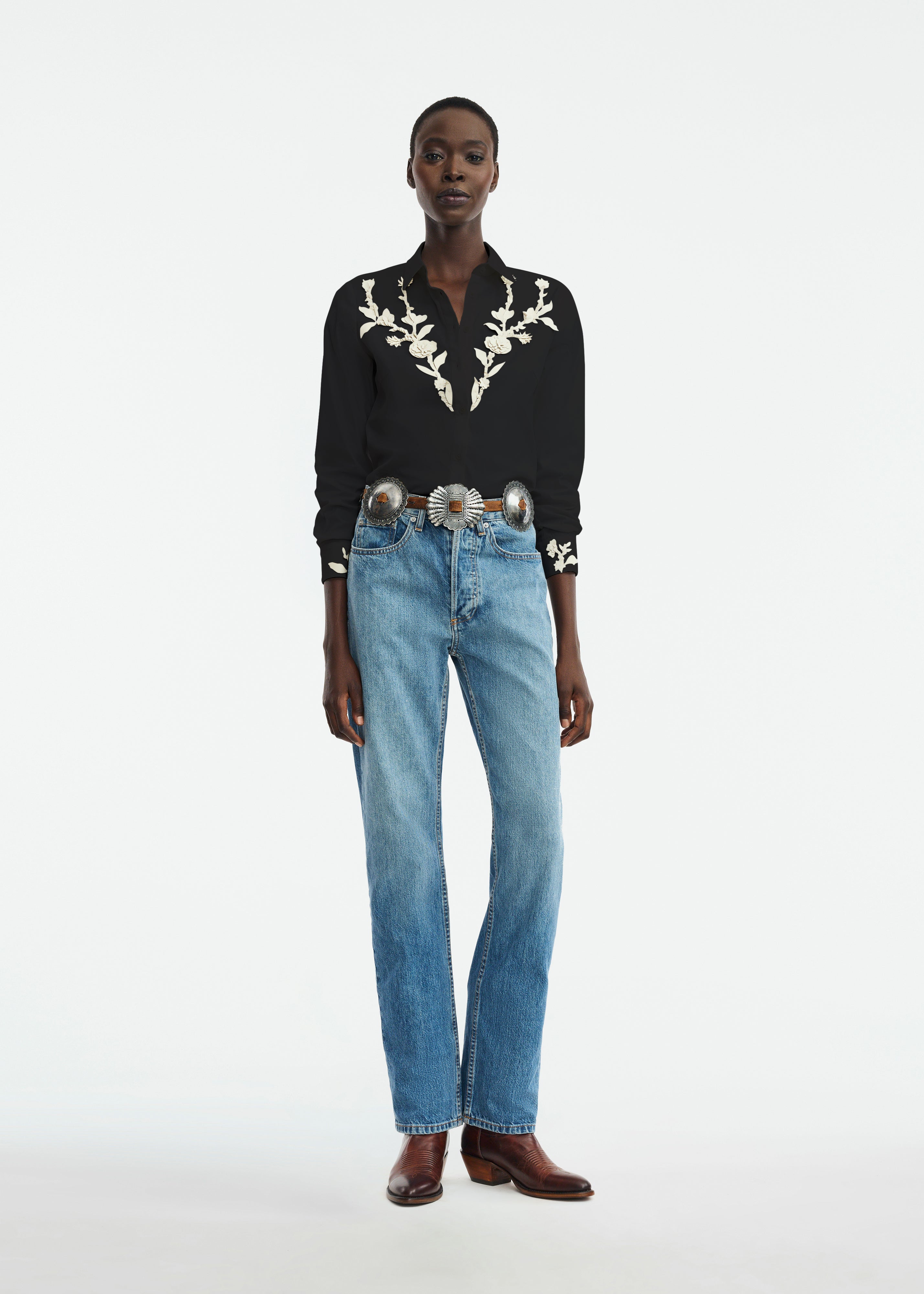 Lela Rose | Leather Floral Embroidered Cotton Poplin Shirt | S