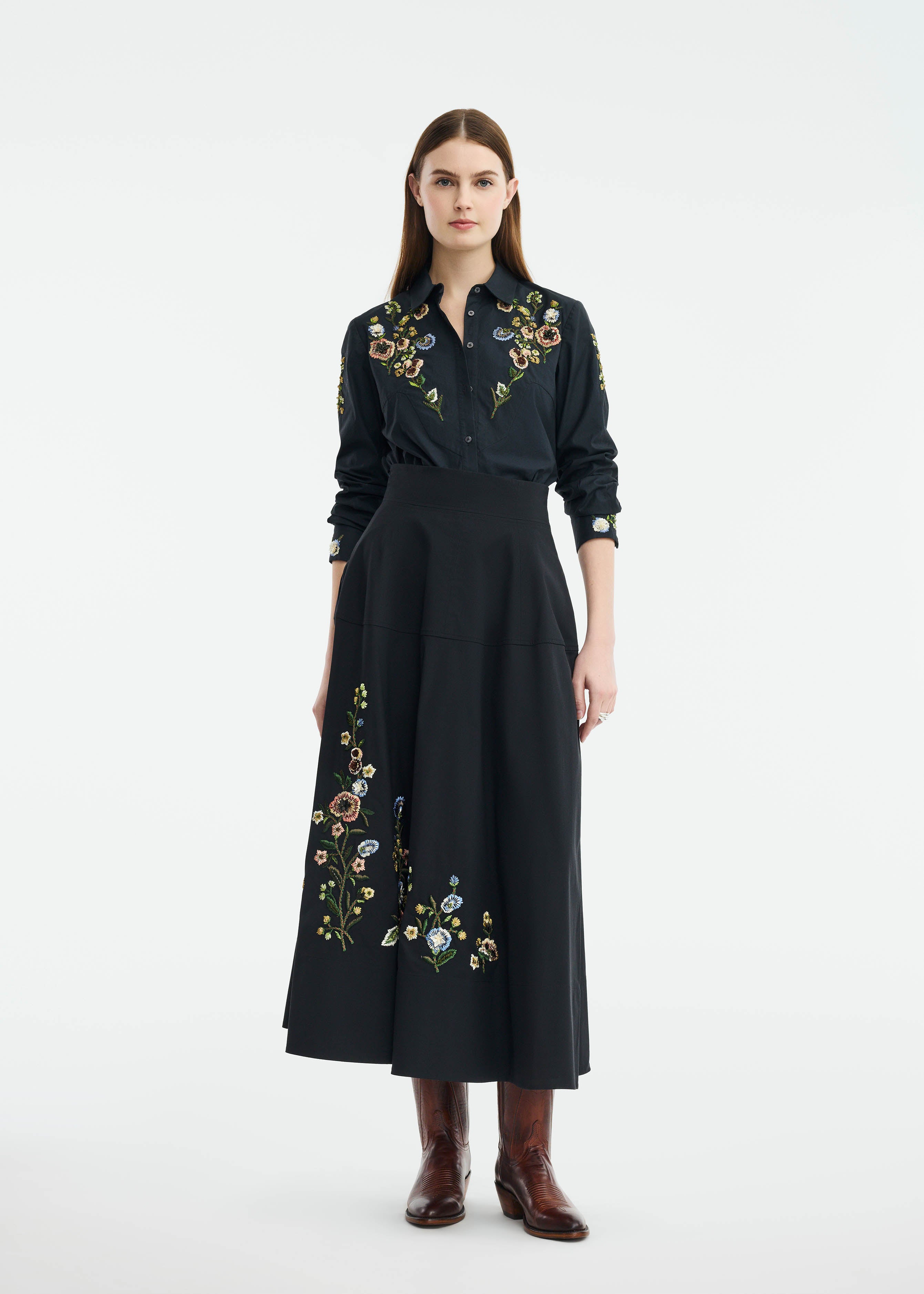 Lela Rose Floral Embroidered Cotton Poplin Women Skirt