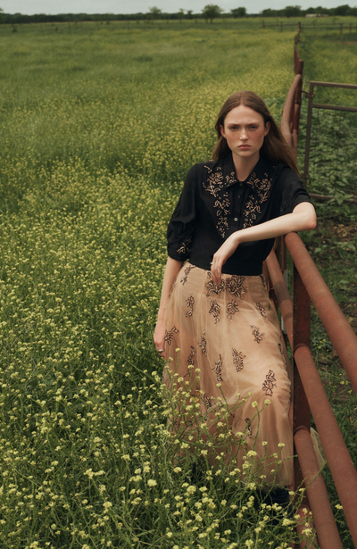 Sequin Floral Embroidery Button Down Blouse