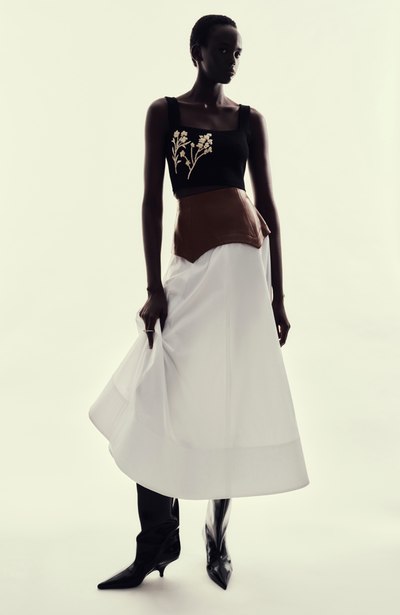 Cotton Poplin Full Skirt with Leather Waistband