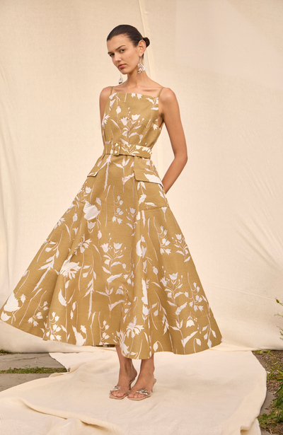 Floral Jacquard Belted Dress