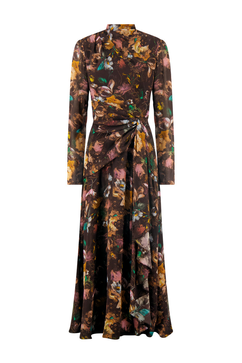 Floral Printed Jersey Long Sleeve Draped Front Dress