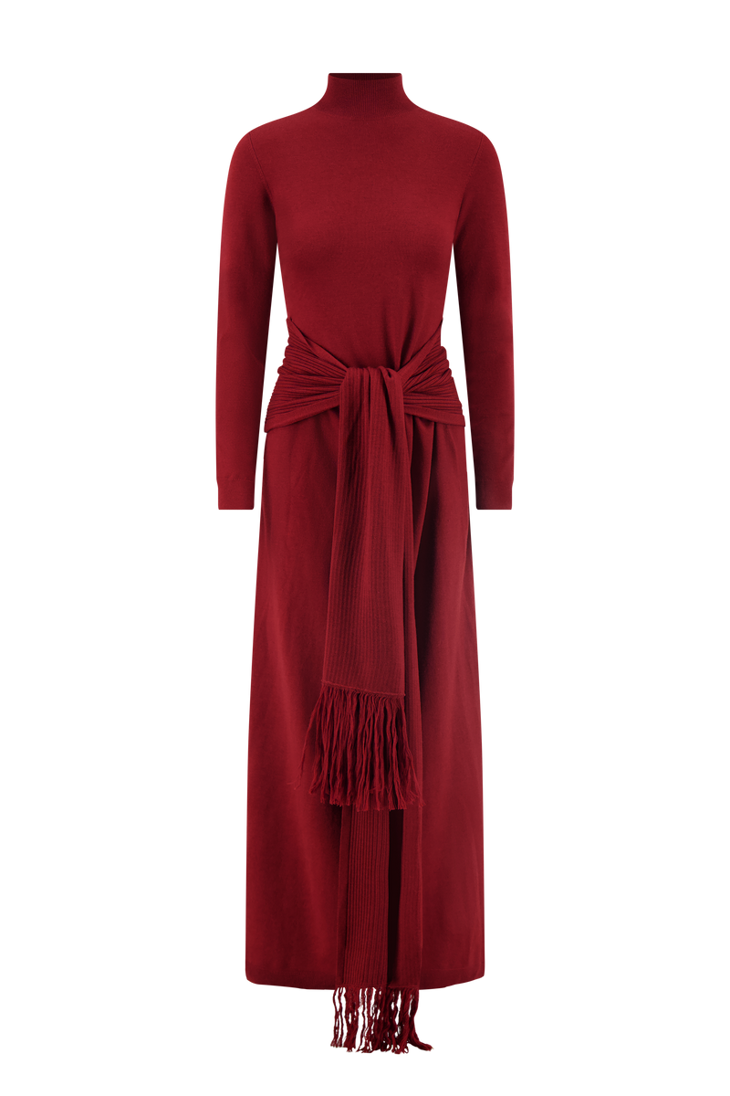 Merino Wool Knit Mock Neck Wrap Dress
