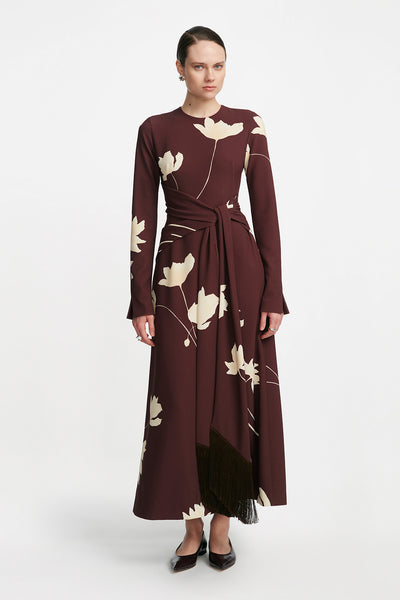Floral Printed Crepe Long Sleeve Tie Waist Dress