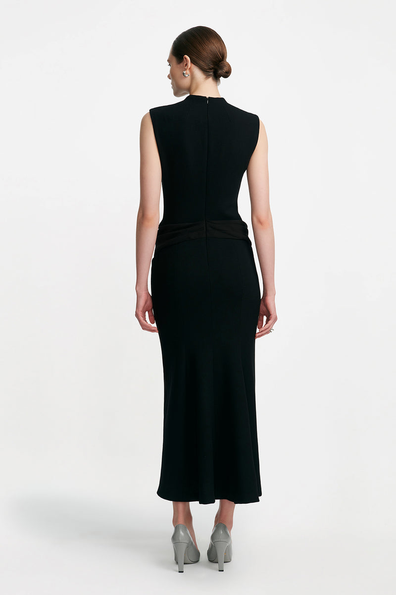 Fluid Crepe/Wool Crepe Combo Sleeveless Cummerbund Dress