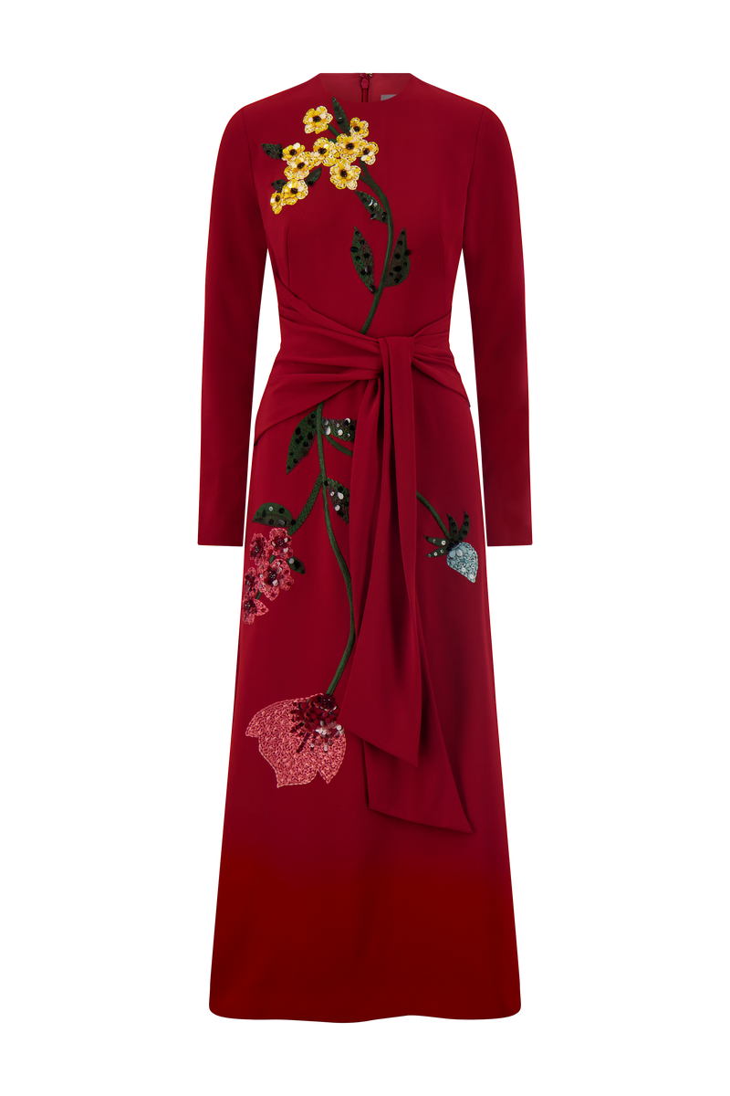 Floral Embroidery Long Sleeve Tie Waist Dress