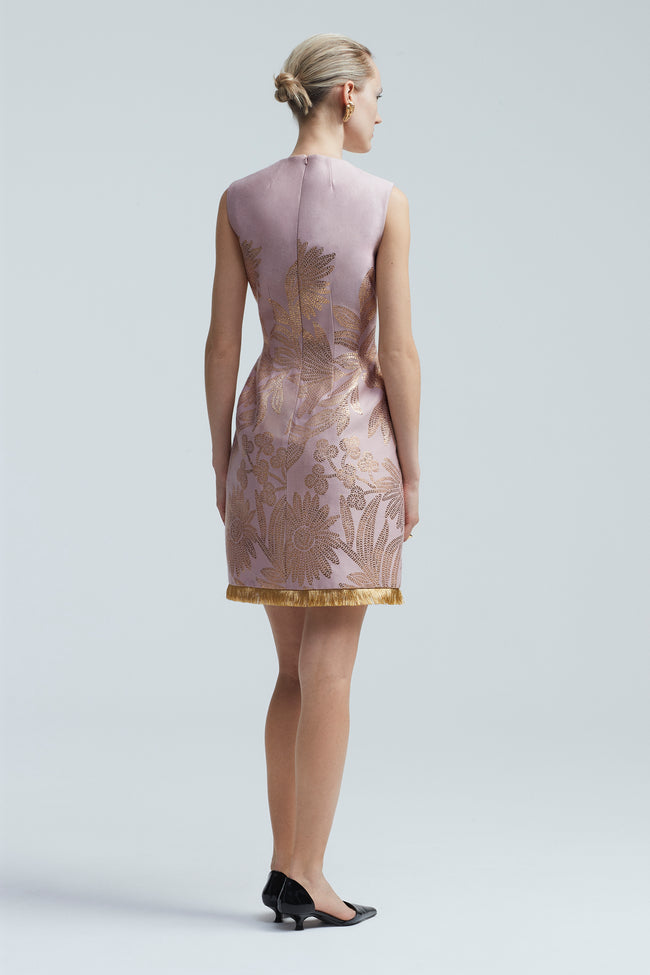 Floral Metallic Jacquard Sleeveless Fringe Detail Dress