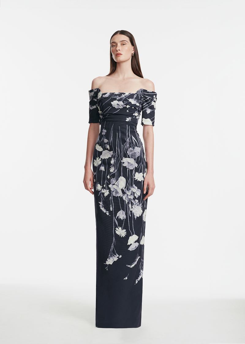 Floral Faille Cuff Sleeve Gown