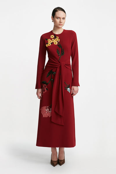 Floral Embroidery Long Sleeve Tie Waist Dress