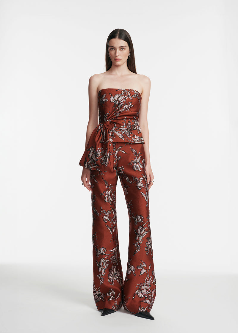 Metallic Floral Jacquard Strapless Cascade Top