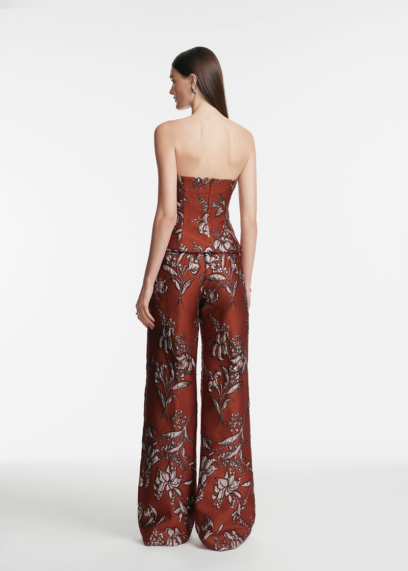 Metallic Floral Jacquard Strapless Cascade Top
