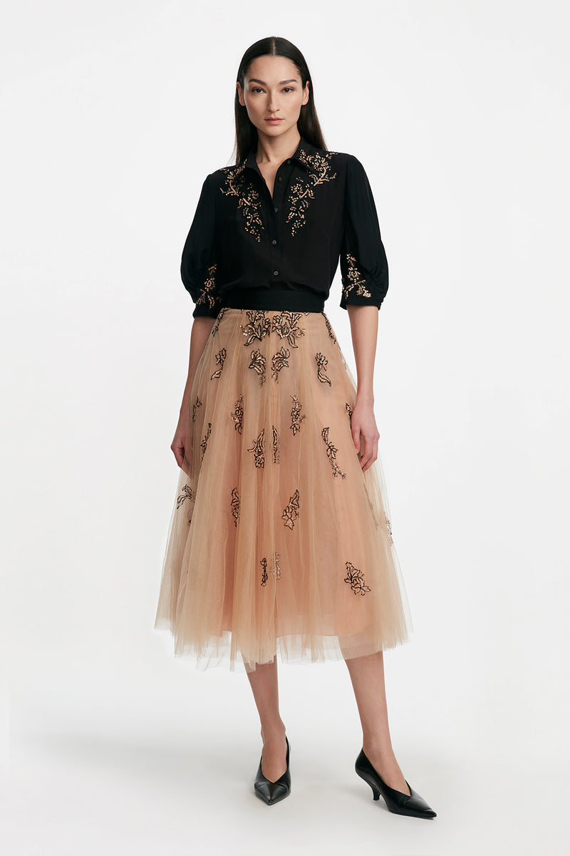 Sequin Floral Embroidery Tulle Skirt