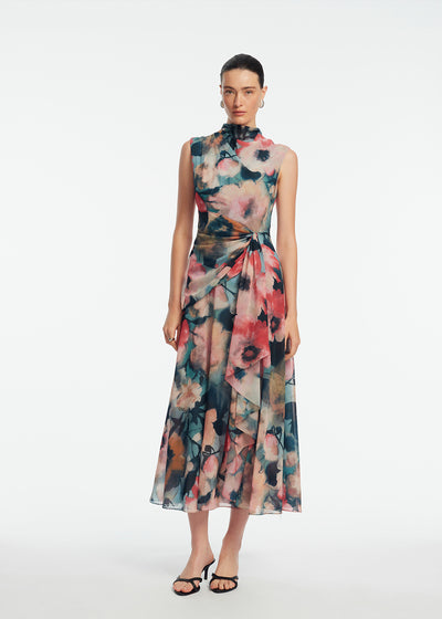 Floral Printed Chiffon Draped Dress
