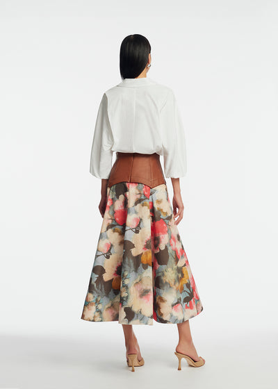 Floral Printed Cotton Leather Yoke Skirt