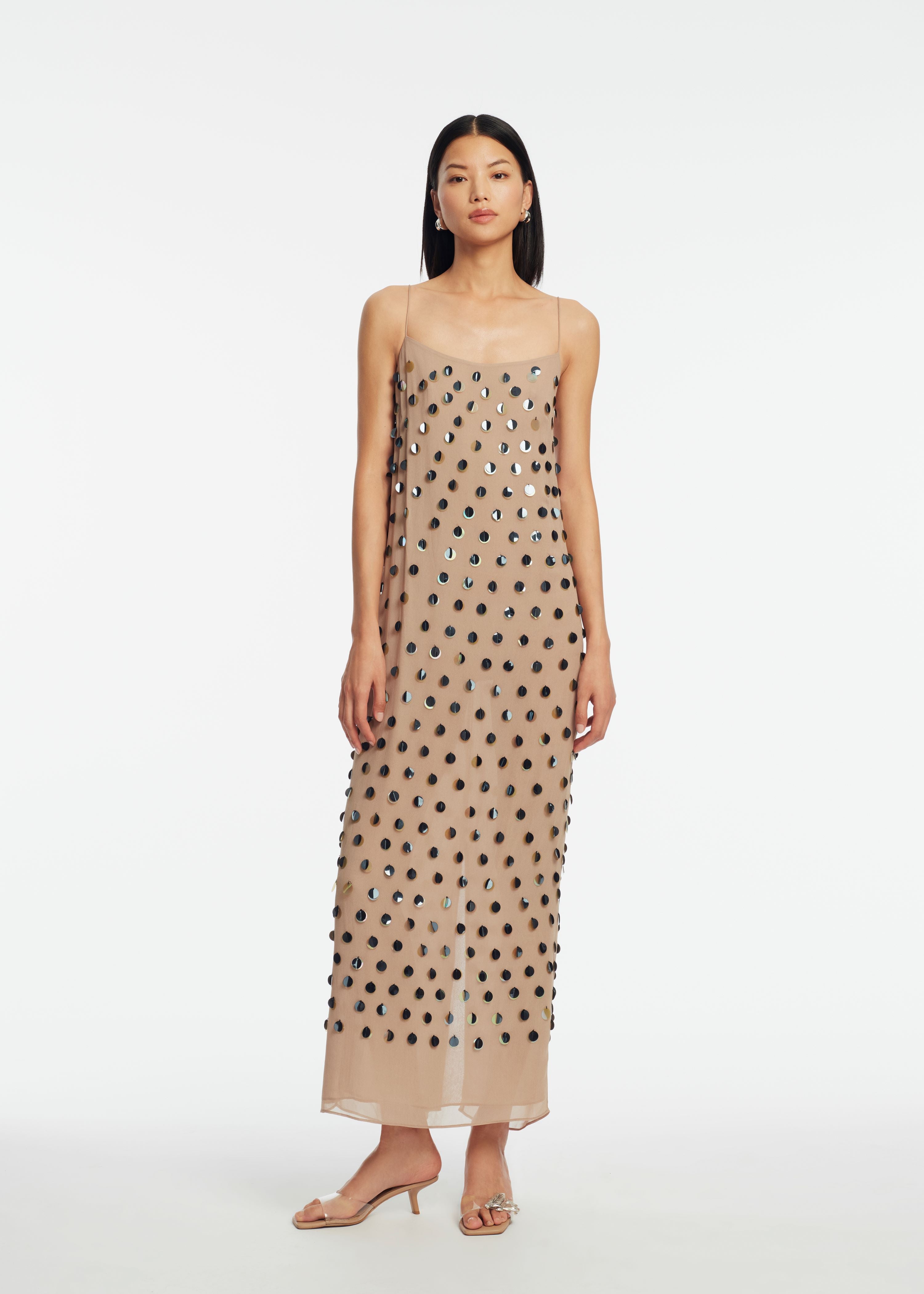 Lela Rose | Paillette Embroidered Georgette Slip Dress | S | Brown