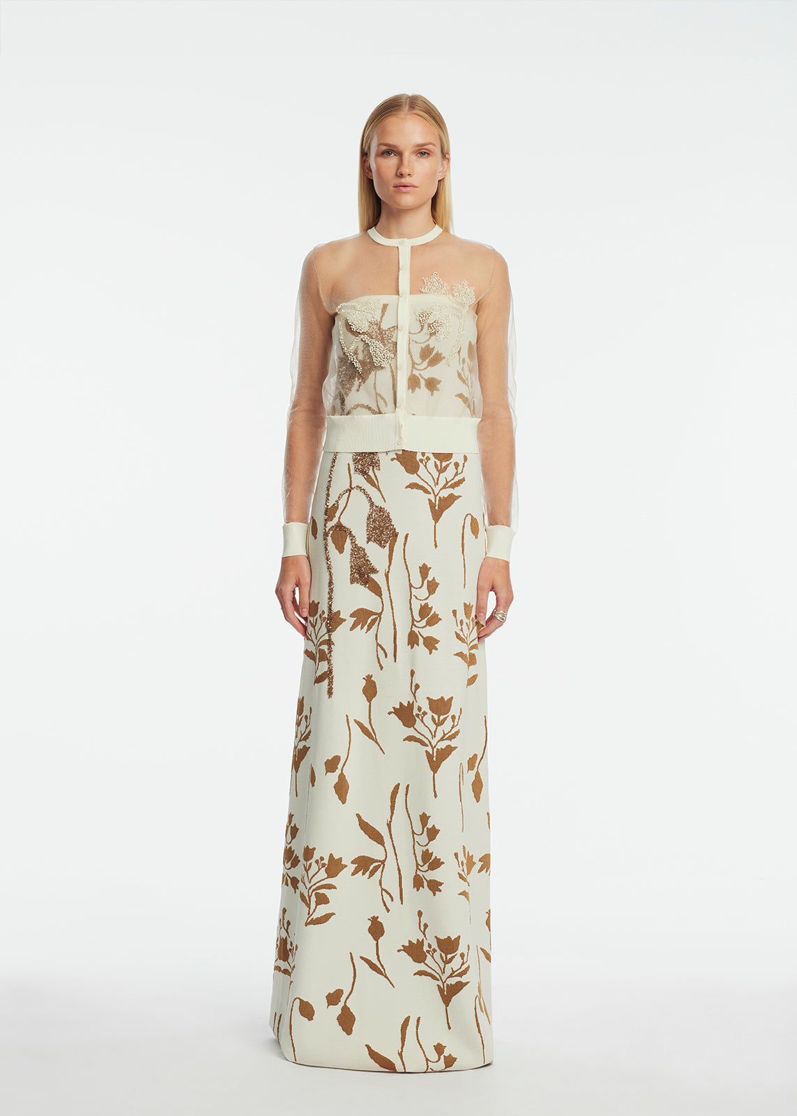 Lela Rose | Floral Jacquard Knit Sheer Beaded Cardigan | XS | White Lela Rose | Floral Jacquard Knit Sheer Beaded Cardigan | XS | White