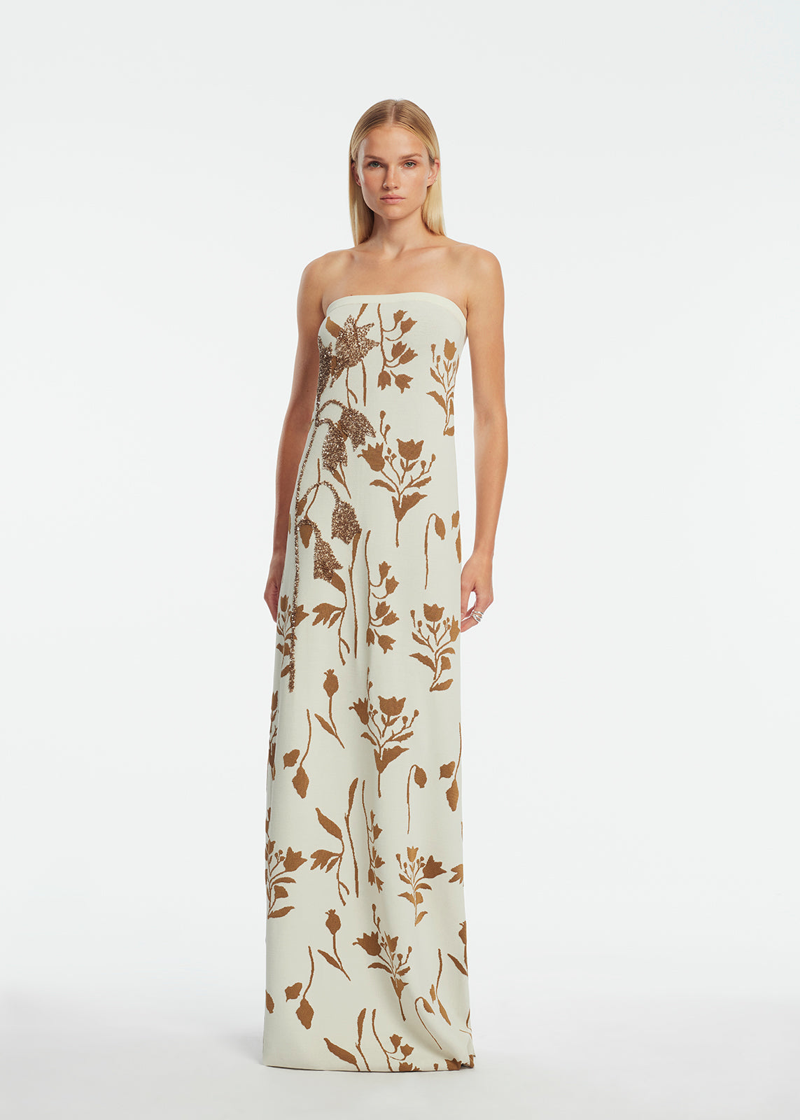 Floral Jacquard Knit Beaded Strapless Dress Cream/Camel / S / S263793 Floral Jacquard Knit Beaded Strapless Dress Cream/Camel / S / S263793