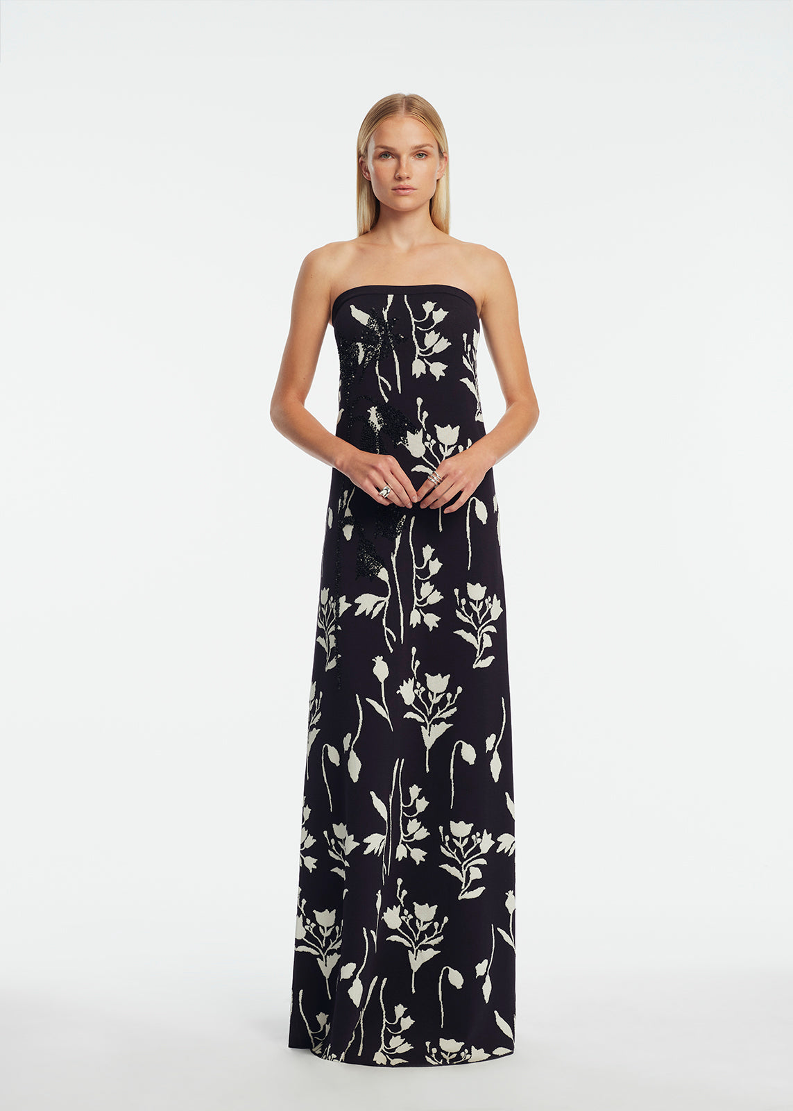 Lela Rose | Floral Jacquard Knit Beaded Strapless Dress | M