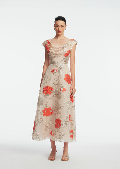 Floral Fil Coupe Draped Dress
