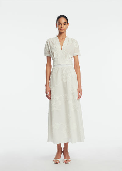 Ribbon Embroidered Cotton V-Neck Top