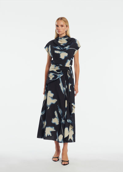 Abstract Floral Crepe Draped Top