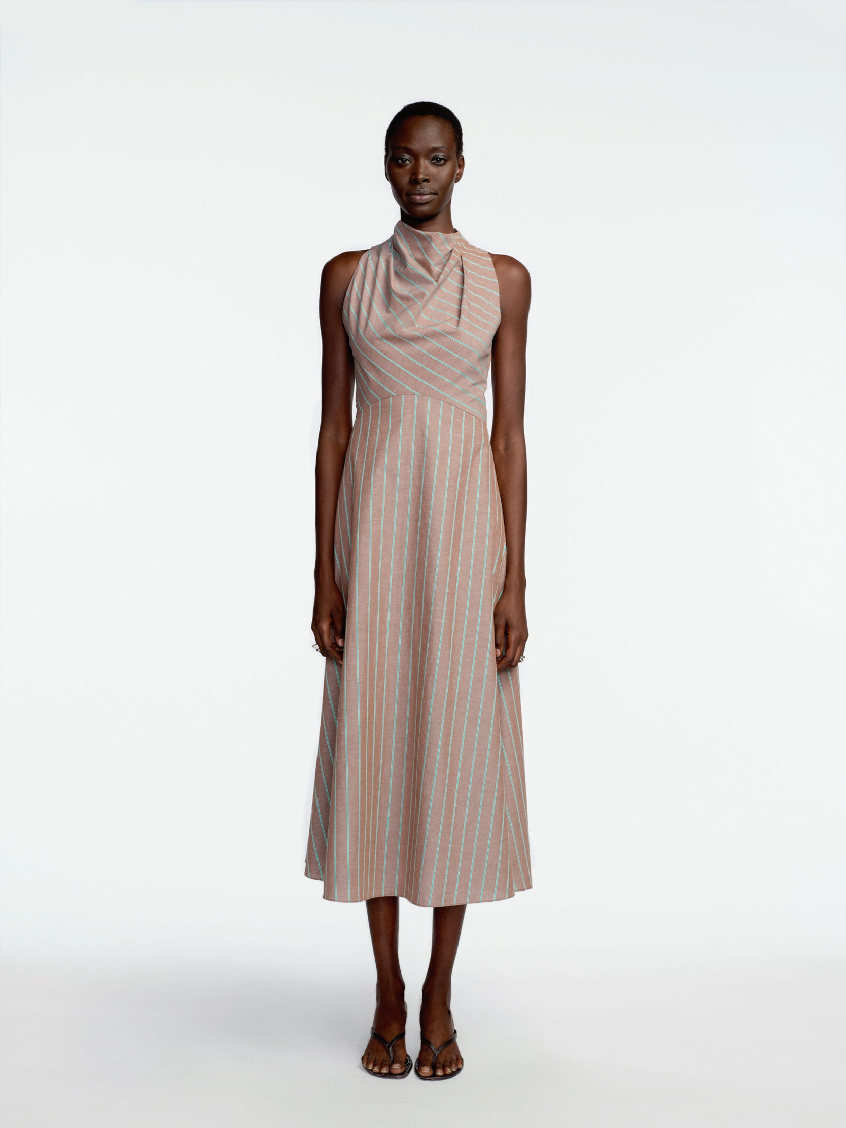 Striped Heathered Cotton Draped Halter Dress Lela Rose Striped Heathered Cotton Draped Halter Dress Lela Rose