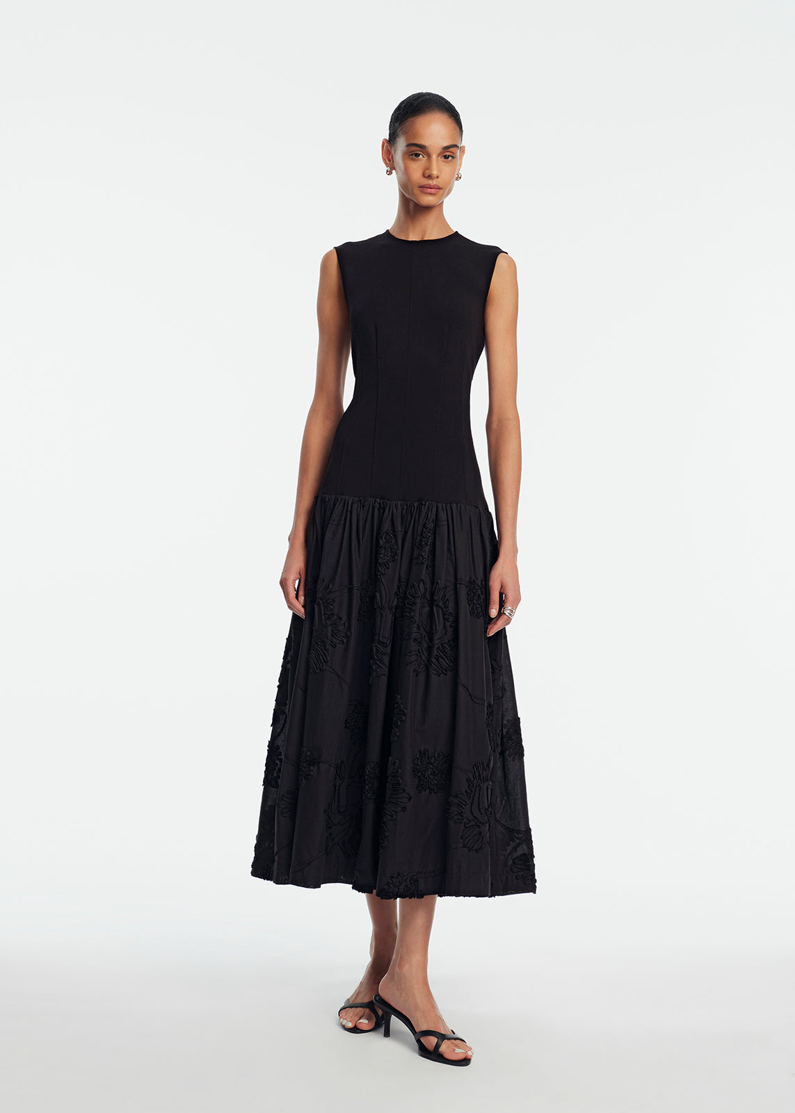 Lela Rose Ribbon Embroidered Cotton Combo Dress - Black Lela Rose Ribbon Embroidered Cotton Combo Dress - Black