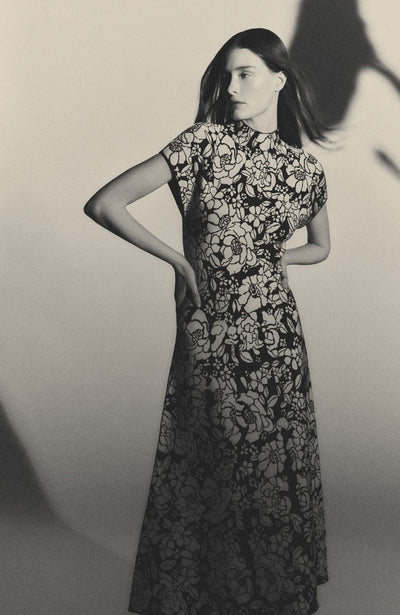 Floral Jacquard Knit Mock Neck Dress