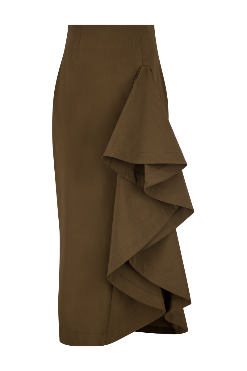 Stretch Cotton Twill Ruffle Detail Pencil Skirt