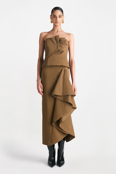 Stretch Cotton Twill Ruffle Detail Pencil Skirt