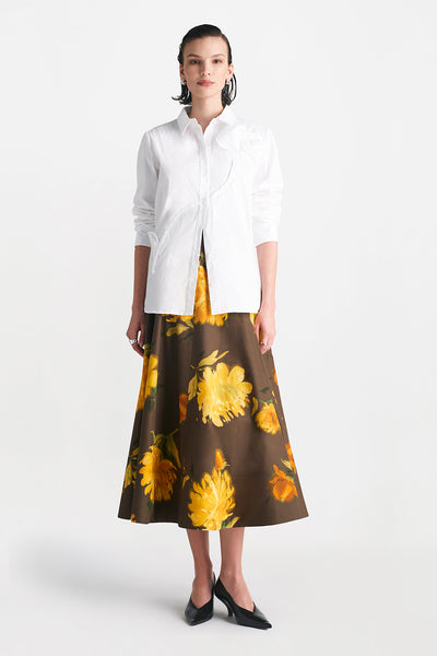 Cotton Poplin Draped Rose Button Down Shirt