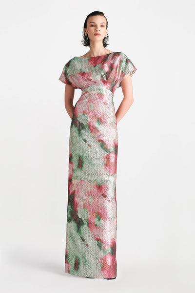 Watercolor Jacquard Boatneck Gown