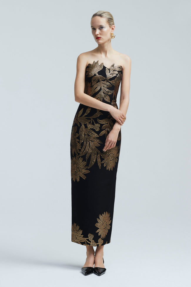 Floral Metallic Jacquard Strapless Column Dress