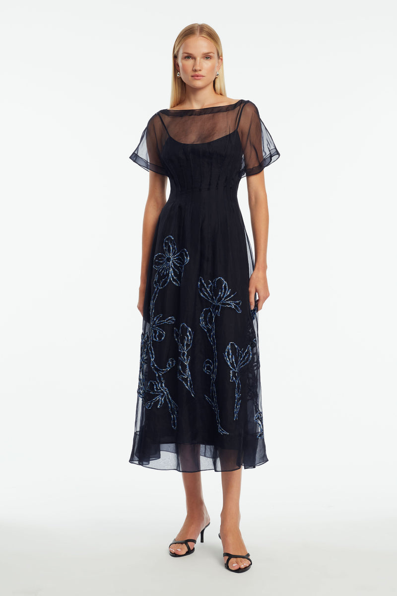 Ikat Floral Embroidered Organza Dress
