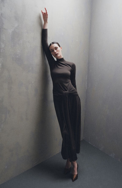 Merino Wool Knit Mock Neck Wrap Dress