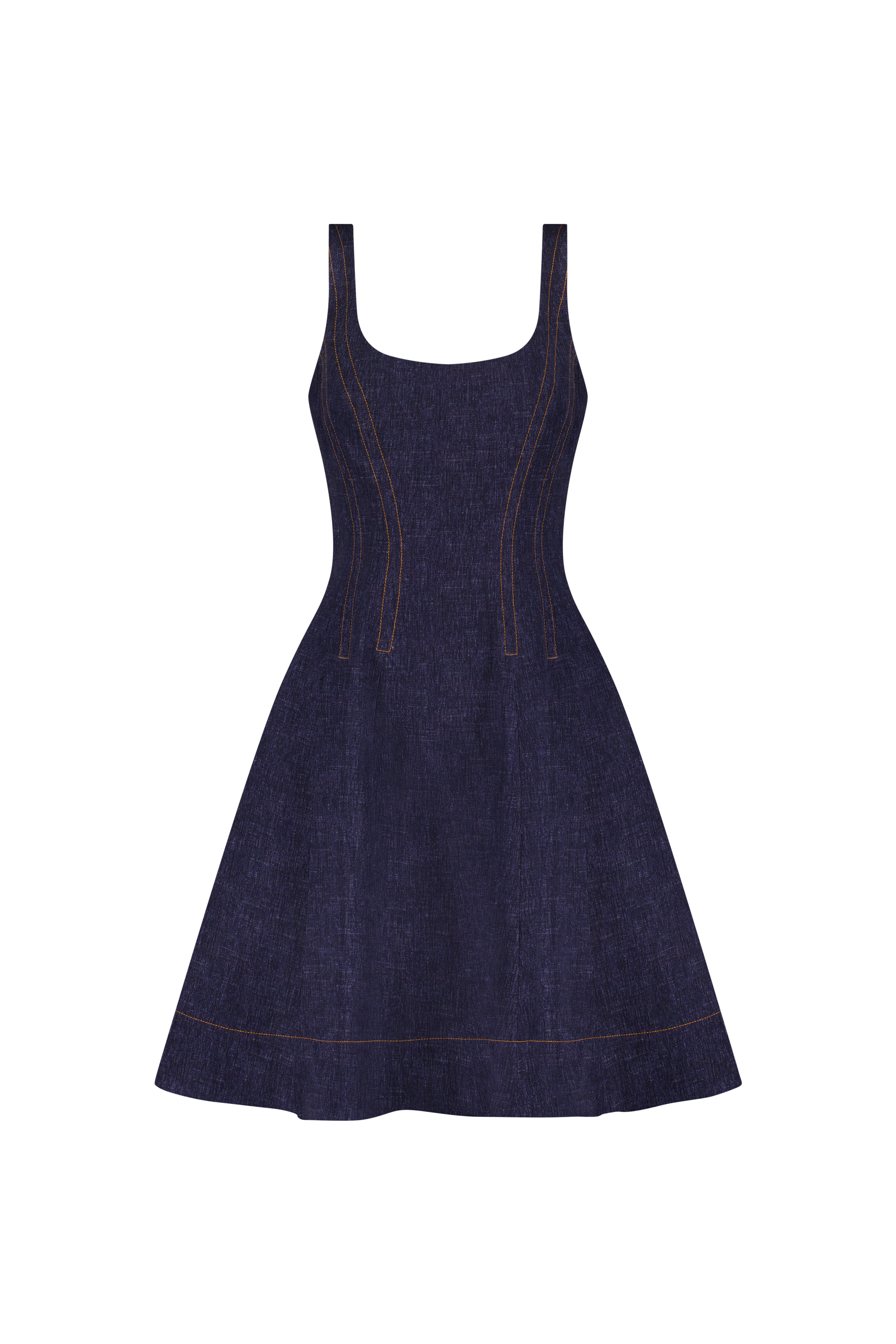 stretch denim dress Fifteen Twenty Darla Contrast Stitch back utility feel Short sleeves + shift silhouette = breezy and flattering Feels like pajamas Stretch Denim Seamed Dress Midnight