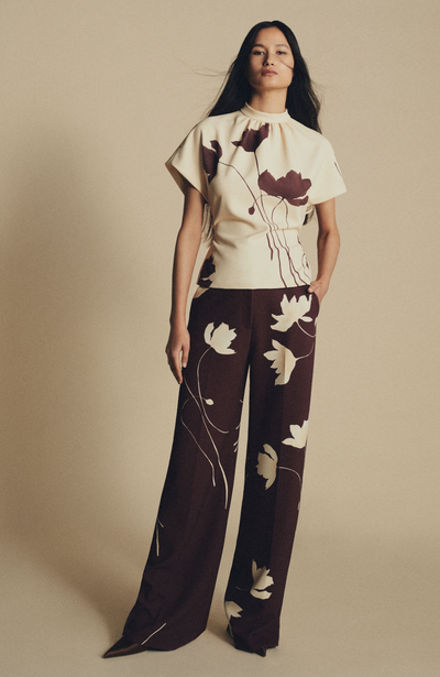 Floral Printed Crepe Mock Neck Short Sleeve Top