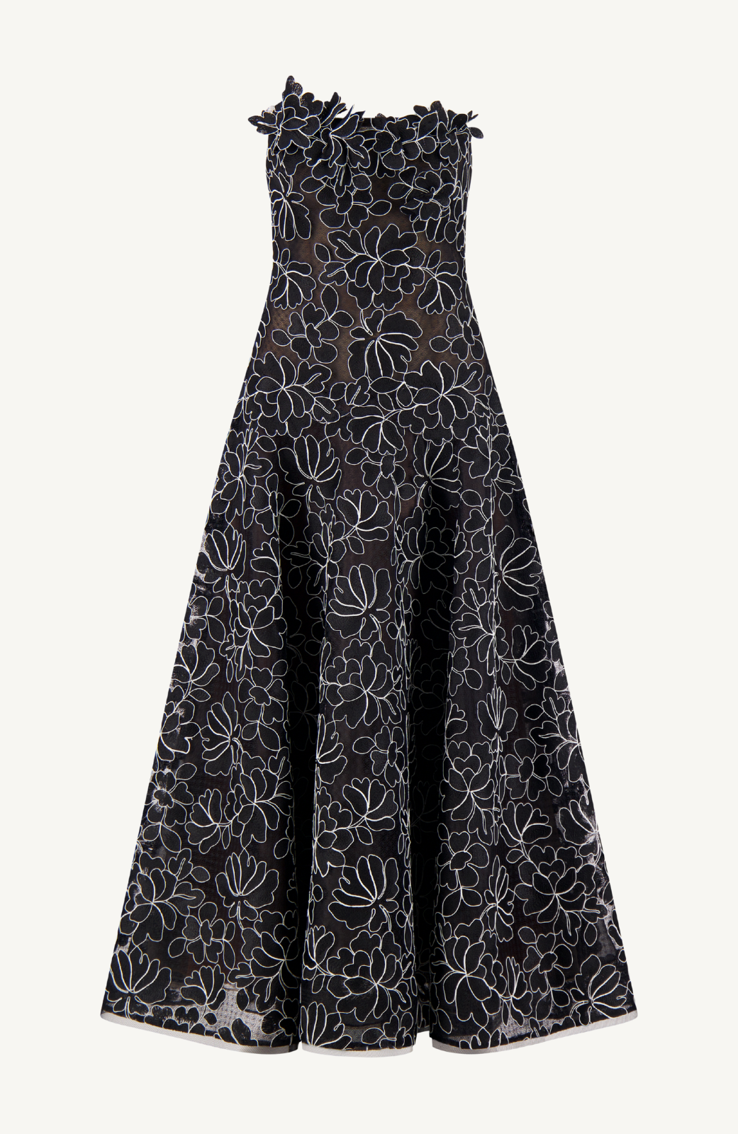 Floral Lace Strapless Full Skirt Dress Black/Ivory / 0 / R269500