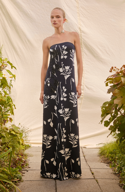 Floral Jacquard Knit Beaded Strapless Dress