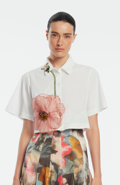 Peony Embroidered Cotton Poplin Cropped Shirt