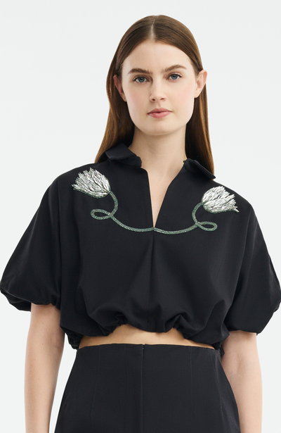 Tulip Crystal Embroidered Stretch Cotton Top