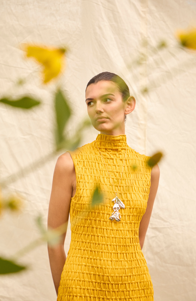 Smocked Knit Mock Neck Dress