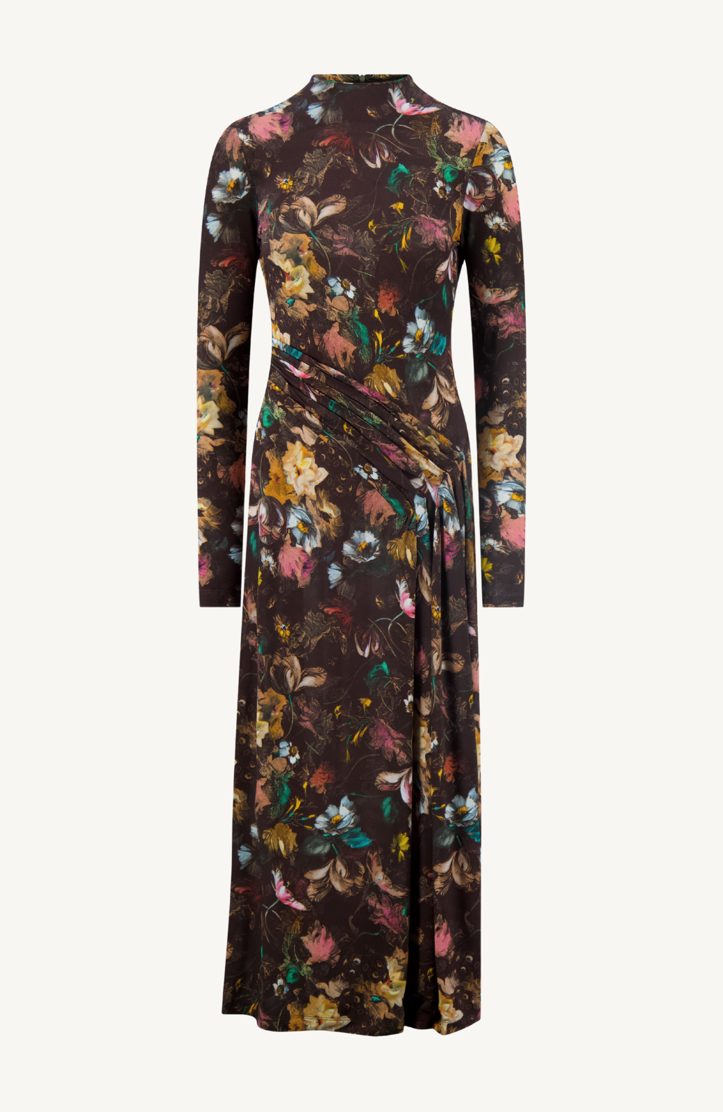 chinese dress ladies Floral Printed Jersey Long Sleeve Draped Front Dress Brown Multi / XXS / F259418